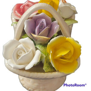 Ceramic Flower Basket Signed Japan Wicker looking Basket Excellent condition